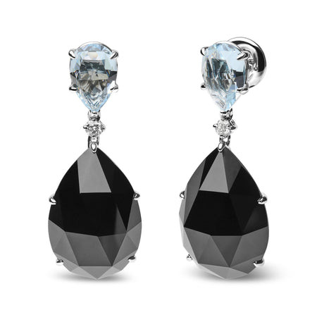 18K White Gold 1/5 Cttw Diamond with Pear Cut Sky Blue Topaz and Pear-Cut Black Onyx Gemstone Dangle Earring (G-H Color, SI1-SI2 Clarity)-1