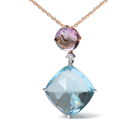 18K White and Rose Gold Round Diamond Accent and Round Rose De France Pink Amethyst and Cushion Cut Sky Blue Topaz Dangle Drop 18" Pendant Necklace (G-H Color, SI1-SI2 Clarity)-1