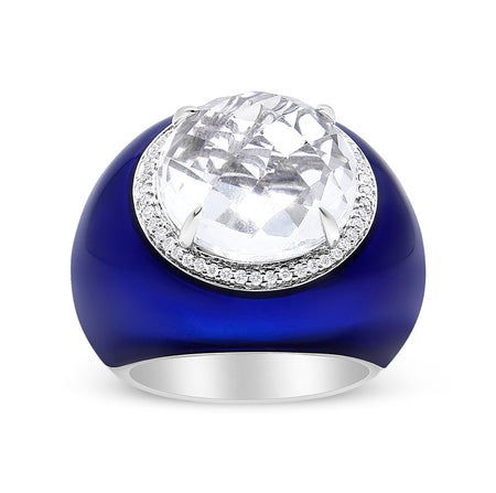 18K White Gold 14mm White Quartz and 1/5 Cttw Diamond Halo with Blue Enamel Dome Ring (F-G Color, VS1-VS2 Clarity)-1