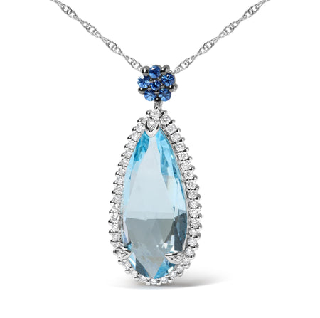 18K White Gold 3/8 Cttw Pave Set Diamond and Sky Blue Topaz and Blue Sapphire Gemstone Floral Teardrop Halo 18" Pendant Necklace (G-H Color, SI2-I1 Clarity)-1