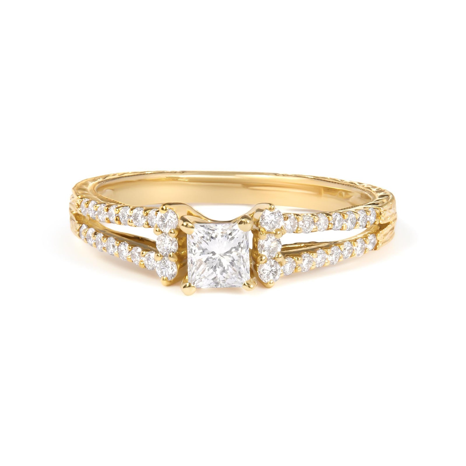 14K Yellow Gold Diamond 5/8 Cttw Princess Diamond Split Shank and Milgrain Engagement Ring (G-H Color, VS2-SI1 Clarity) - Size 7-2