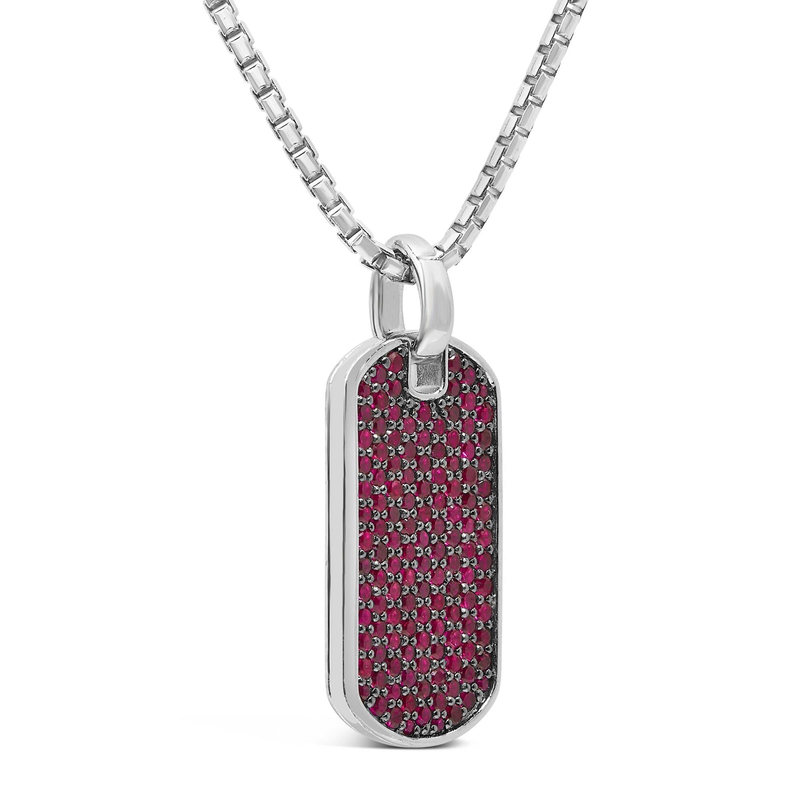 Men's .925 Sterling Silver Created Red Ruby Dog Tag Pendant Necklace - 22" Inches-2