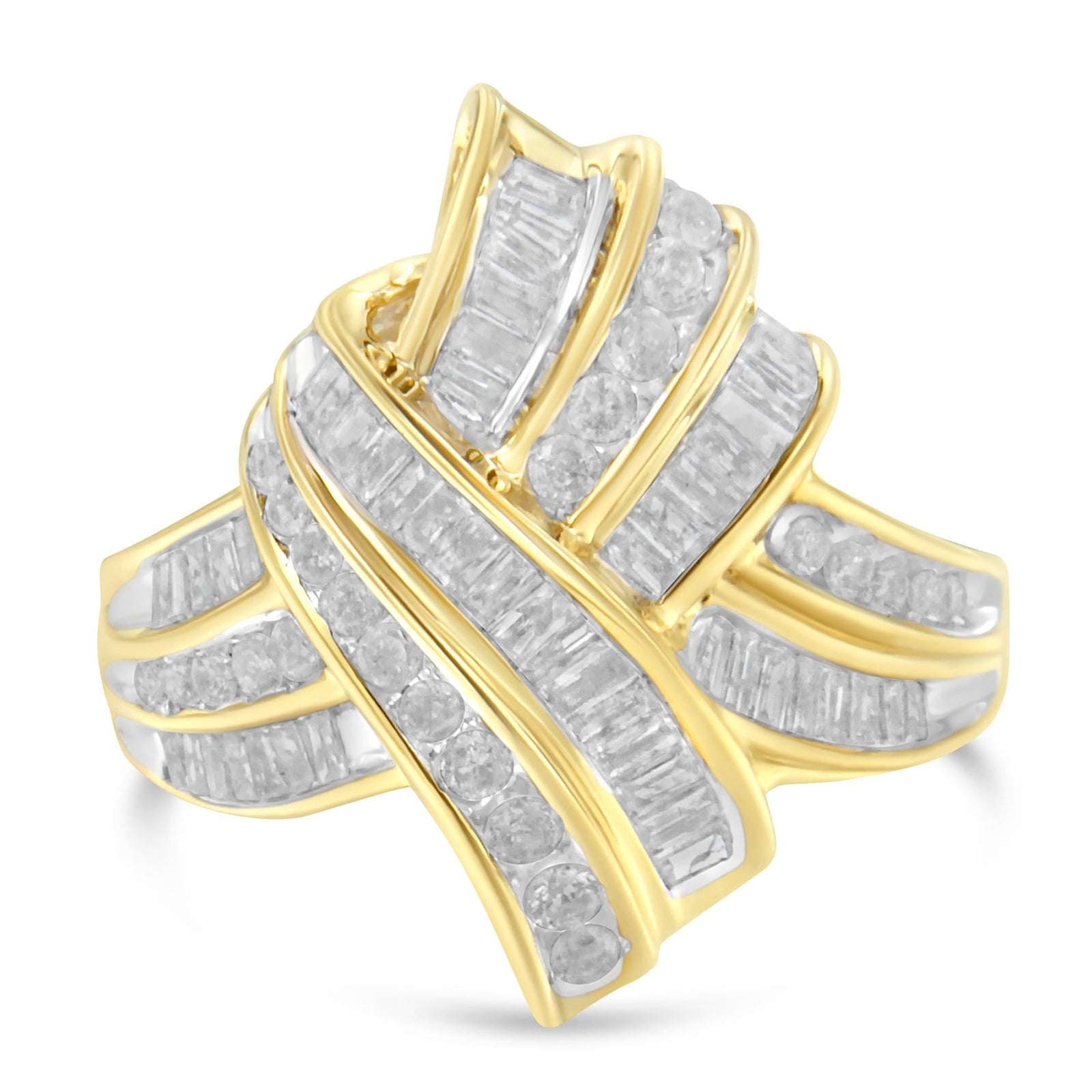 10K Yellow Gold Plated .925 Sterling Silver 1.0 Cttw Round & Baguette Diamond Knot Channel Statement Ring (I-J Color, I2-I3 Clarity)-2