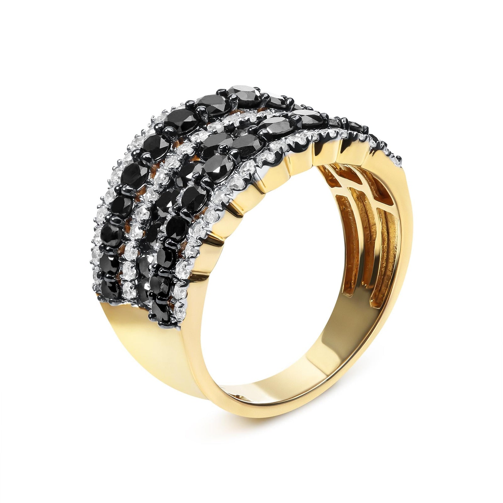 14K Yellow Gold Plated .925 Sterling Silver 1 3/4 Cttw Treated Black and White Alternating Diamond Multi Row Band Ring (Black / I-J Color, I2-I3 Clarity)-2