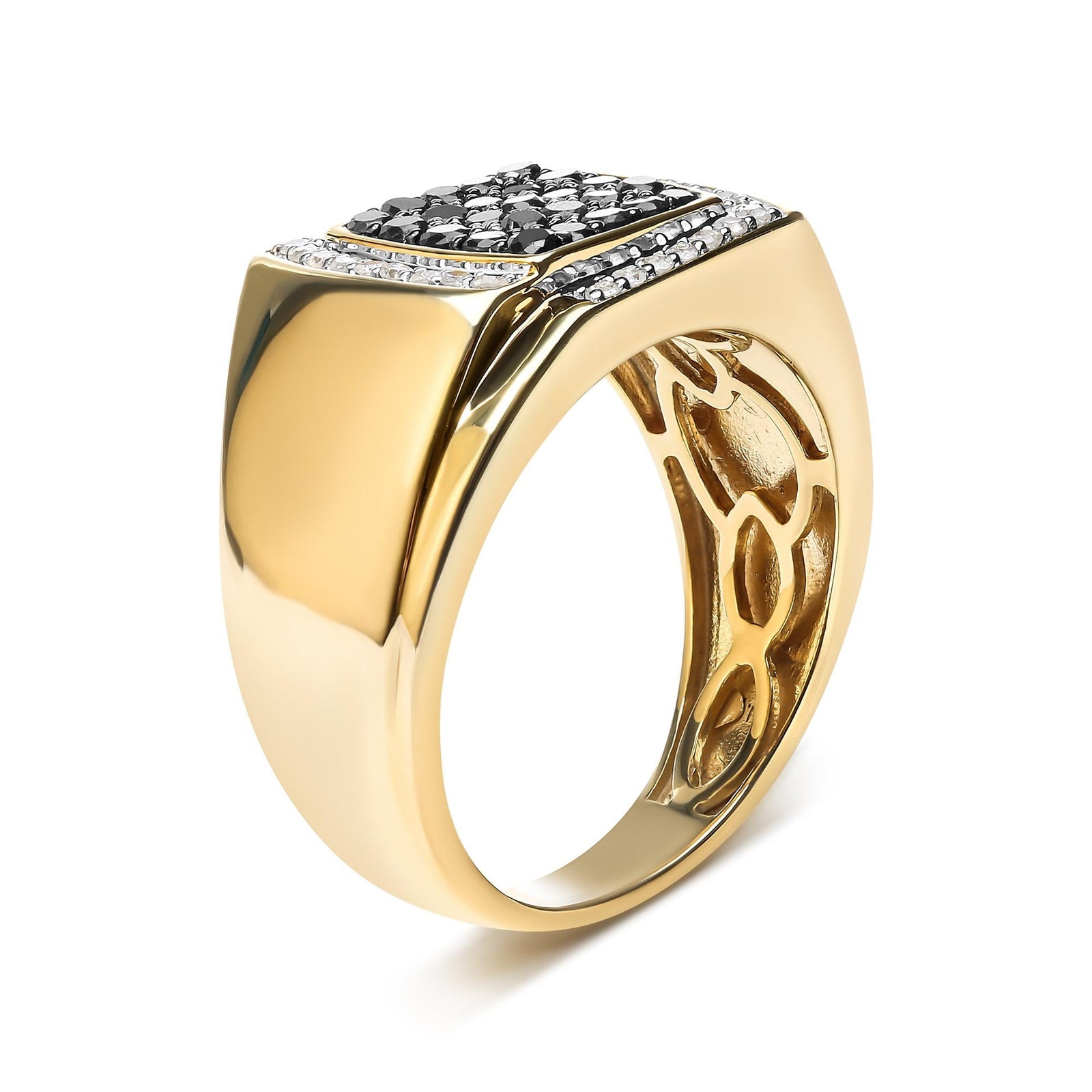 Men's 10K Yellow Gold 1.00 Cttw Cushion Cluster Black and White Diamond Statement Ring (I-J Color, I2-I3 Clarity)-2