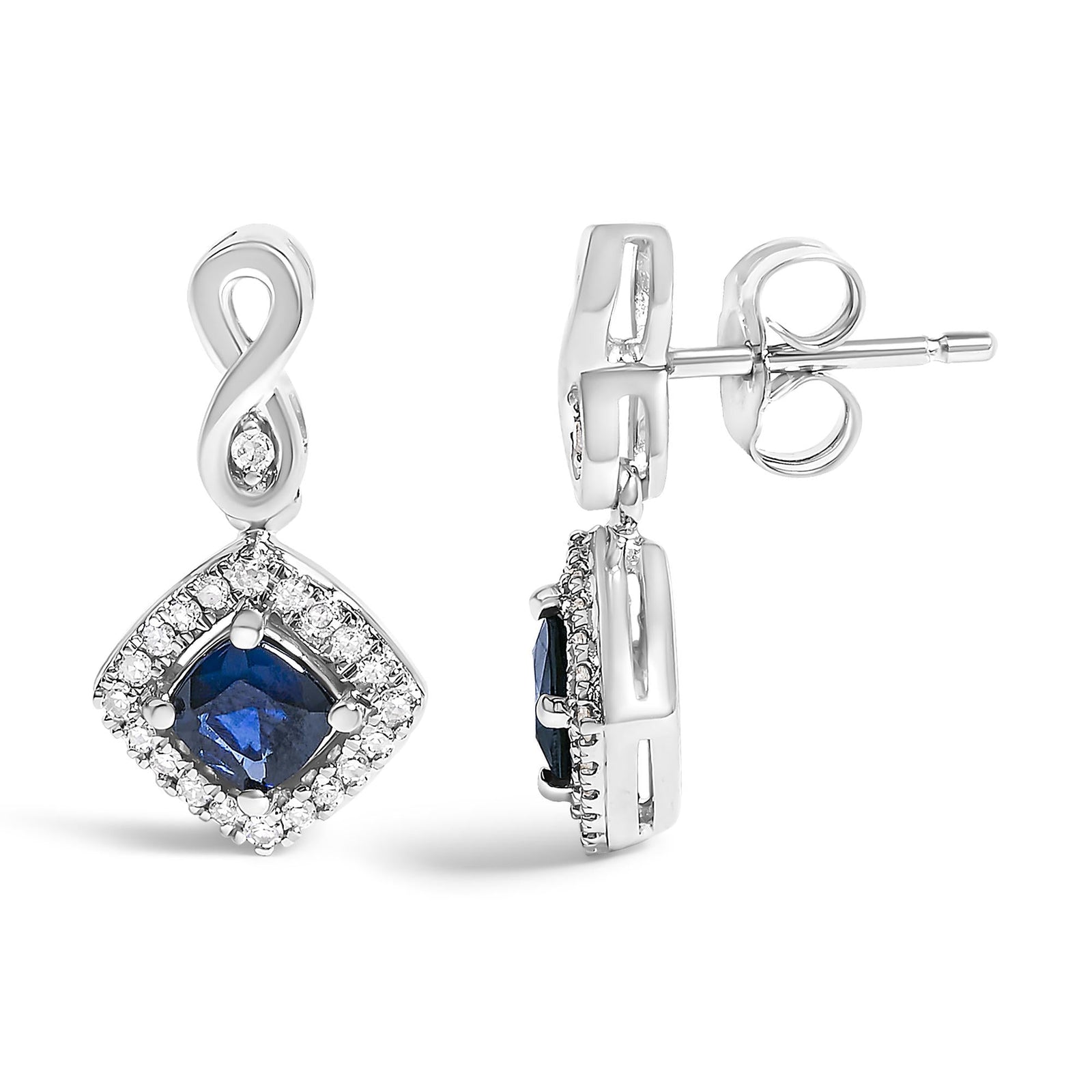 10K White Gold Blue  Sapphire and Diamond Halo Cushion Shaped Drop Earrings (I-J Color, I1-I2 Clarity)-2