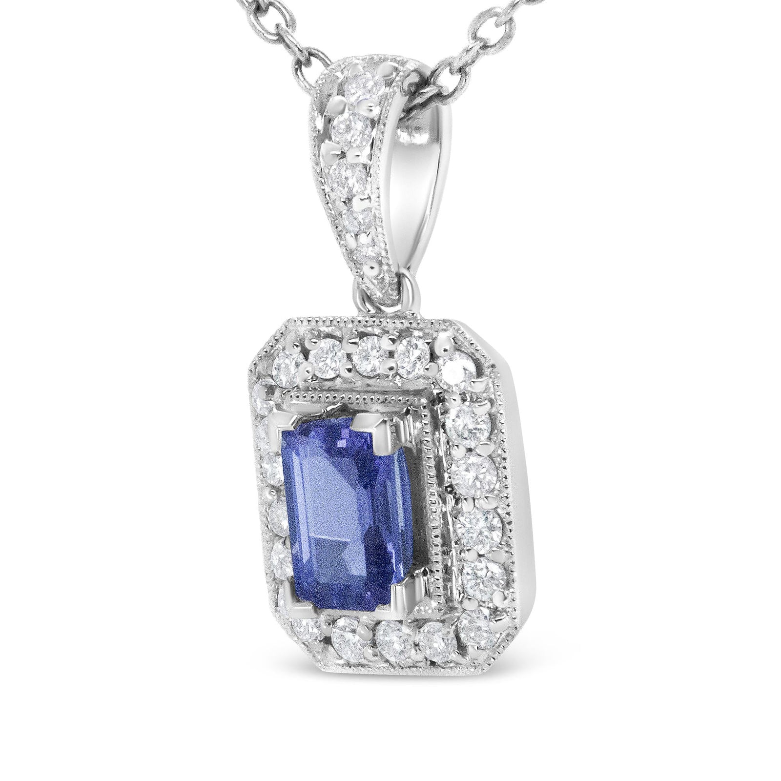18K White Gold 1/4 Cttw Round Diamond and 6x4mm Purple Tanzanite Halo 18" Pendant Necklace (H-I Color, VS1-VS2 Clarity)-1