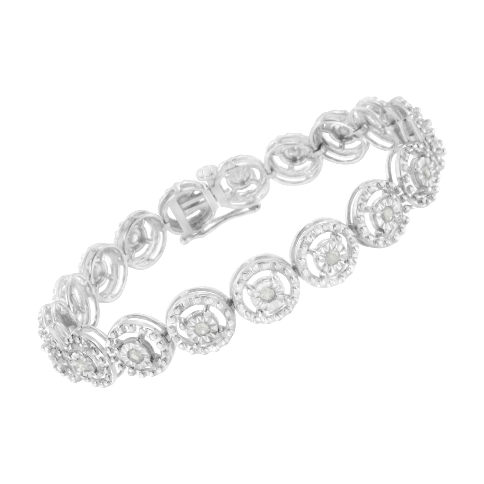 .925 Sterling Silver 1.0 Cttw Diamond Nested Circle Miracle Set Open Wheel 7" Fashion Link Bracelet (I-J Color, I3 Clarity)-2