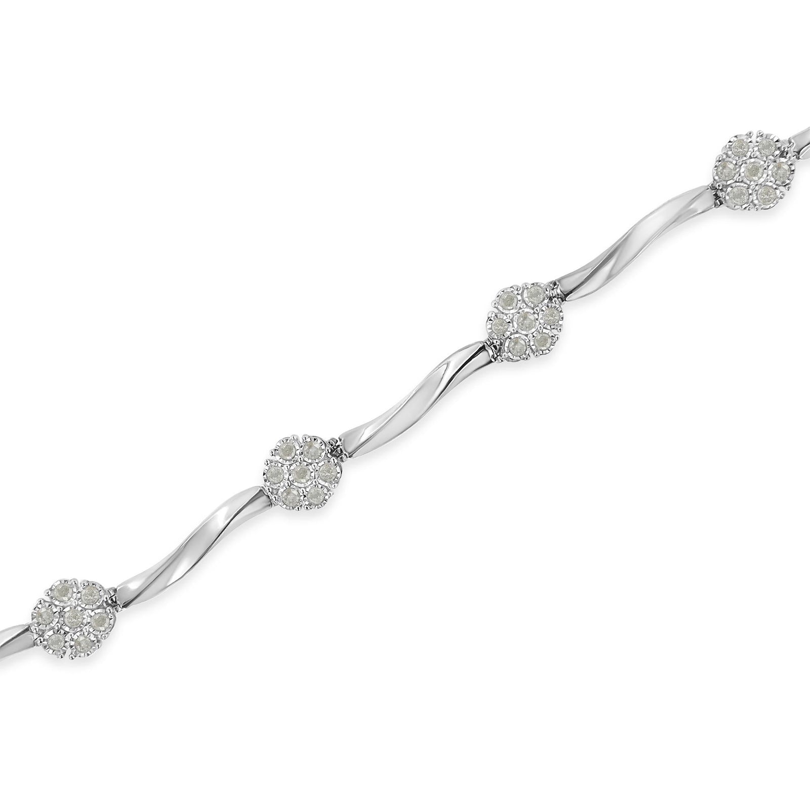 .925 Sterling Silver 1.0 Cttw Diamond Cluster Miracle-Set Station & Twisted Bar 7" Tennis Bracelet (H-I Color, I1-I2 Clarity)-2