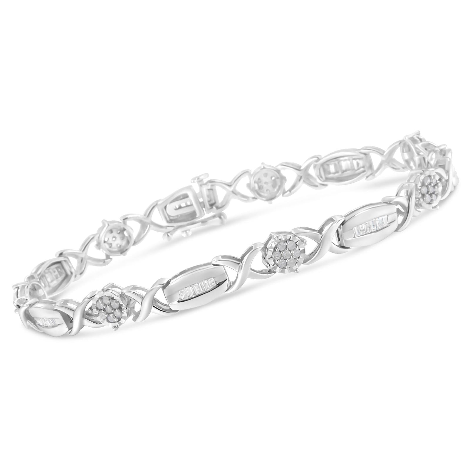 .925 Sterling Silver 1.0 Cttw Round-Cut and Baguette-Cut Diamond X-Link Bracelet (I-J Color, I1-I2 Clarity) - 7"-2