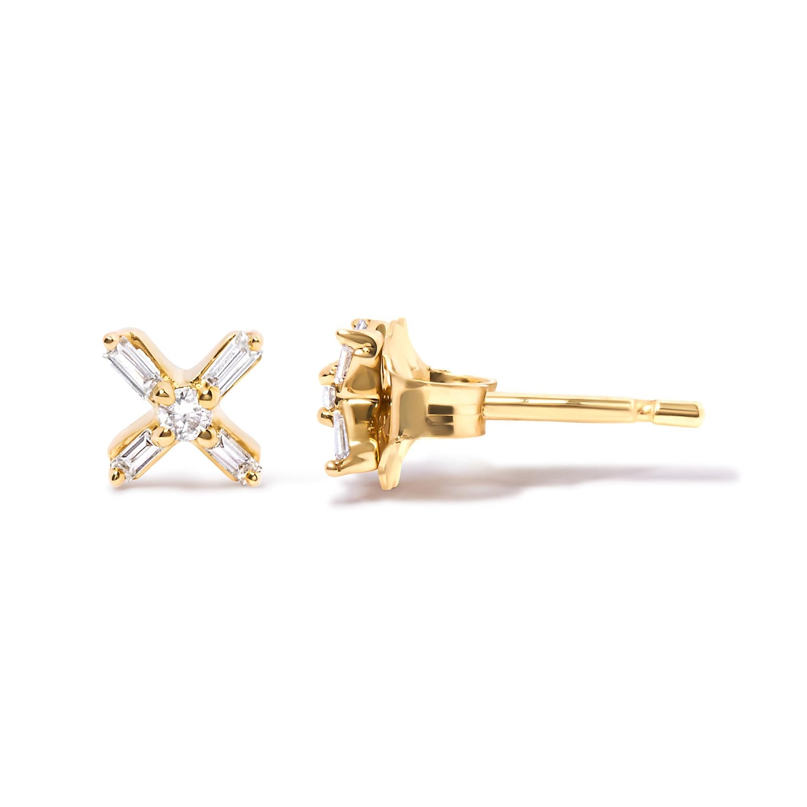 10K Yellow Gold 1/10 Cttw Round and Baguette Diamond Criss Cross X Stud Earring (H-I Color, I1-I2 Clarity)-2
