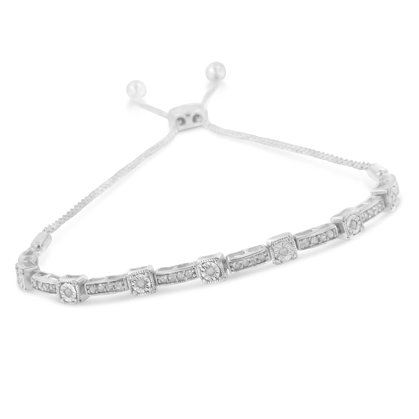 .925 Sterling Silver 1/4 Cttw Diamond 4”-10” Adjustable Bolo Alternating Square and Rectangle Bolo Bracelet (I-J Color, I3 Clarity)-2