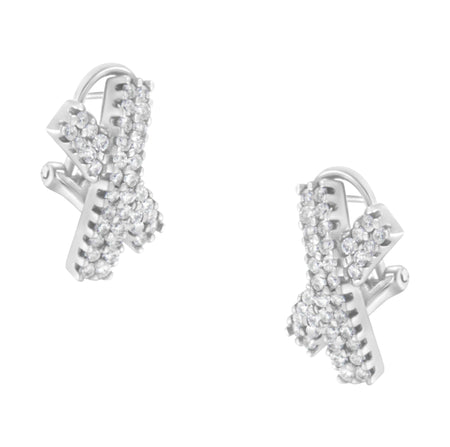 14K White Gold 2.0 Cttw Round-Brilliant Cut Diamond Domed X Shaped Omega Back Stud Earrings (H-I Color, I1-I2 Clarity)