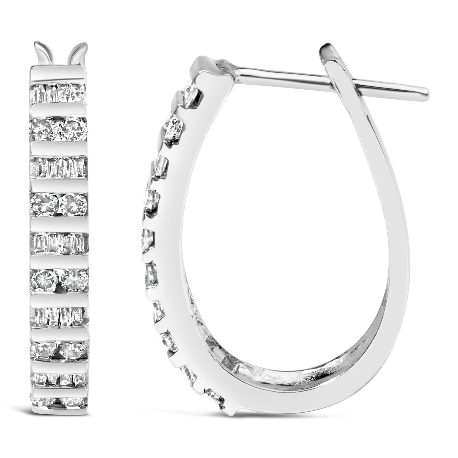 10K White Gold 1.0 Cttw Alternating  Diamond "U" Hoop Earrings (I-J Color, I2-I3 Clarity)-4
