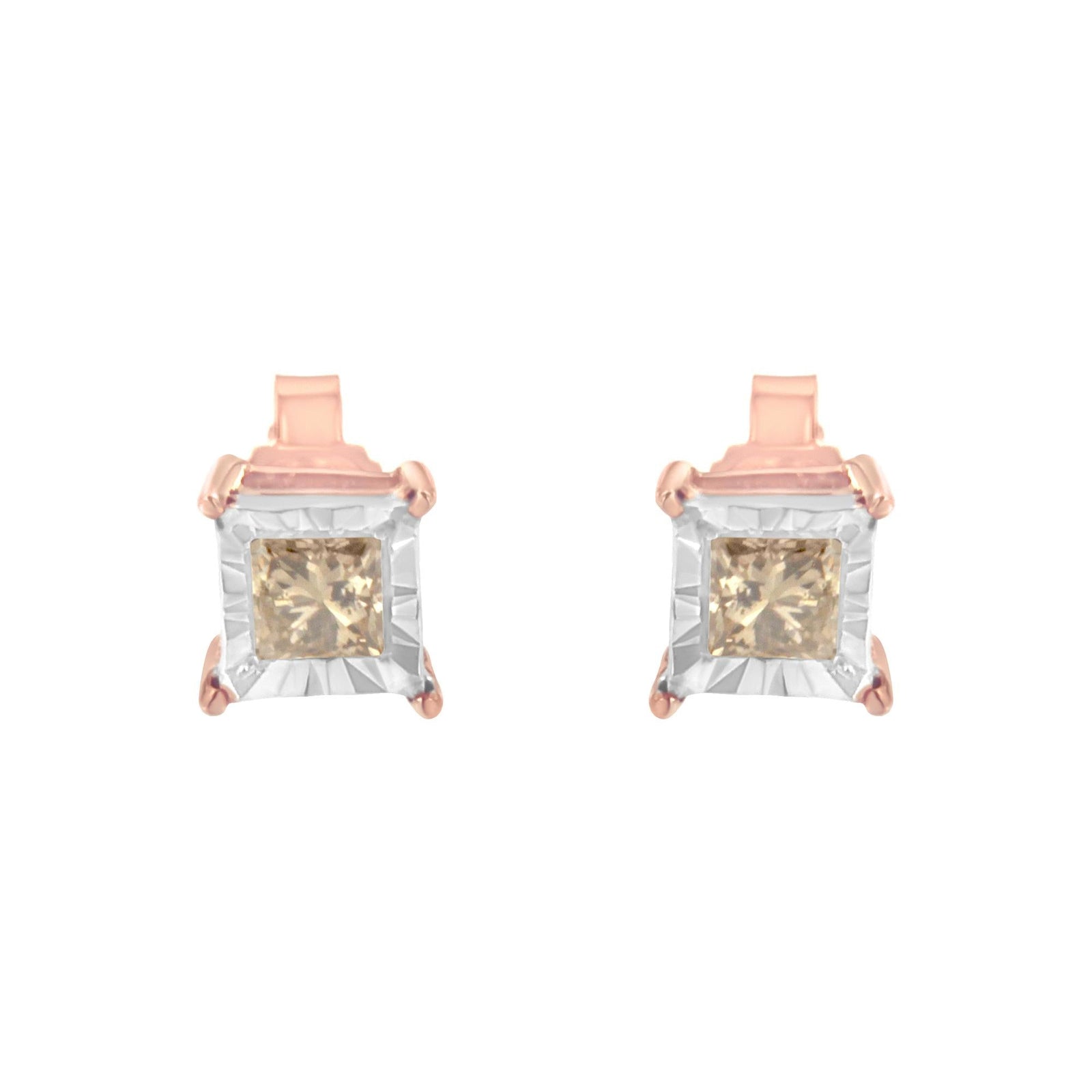 14K Rose Gold Plated Two-Tone .925 Sterling Silver 1/2 Cttw Princess-Cut Square Diamond Solitaire Miracle-Plate Stud Earrings (K-L Color, I2-I3 Clarity)-2