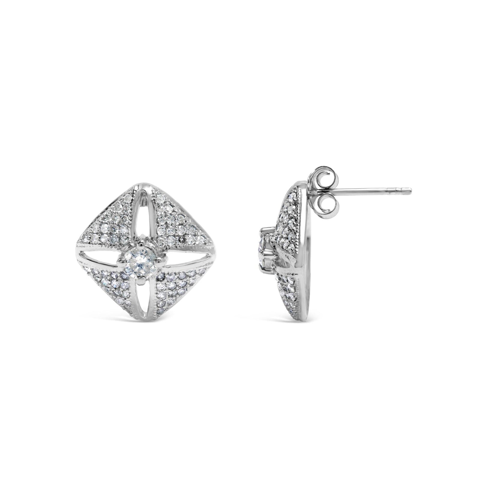 .925 Sterling Silver 1.0 Cttw Diamond Studded Rhombus Stud Earring (H-I Color, I2-I3 Clarity)-2