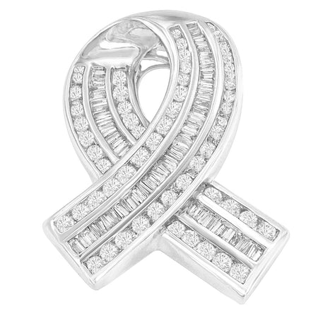 14K White Gold 2 5/8 Cttw Channel Set Round and Baguette Diamond Awareness Ribbon Pendant (H-I Color, I1-I2 Clarity) - Chain Not Included