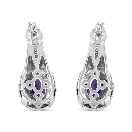 .925 Sterling Silver 8x6 MM Natural Oval Purple Amethyst Gemstone and Diamond Accent Art Deco Style Drop and Dangle Earrings (I-J Color, I1-I2 Clarity)