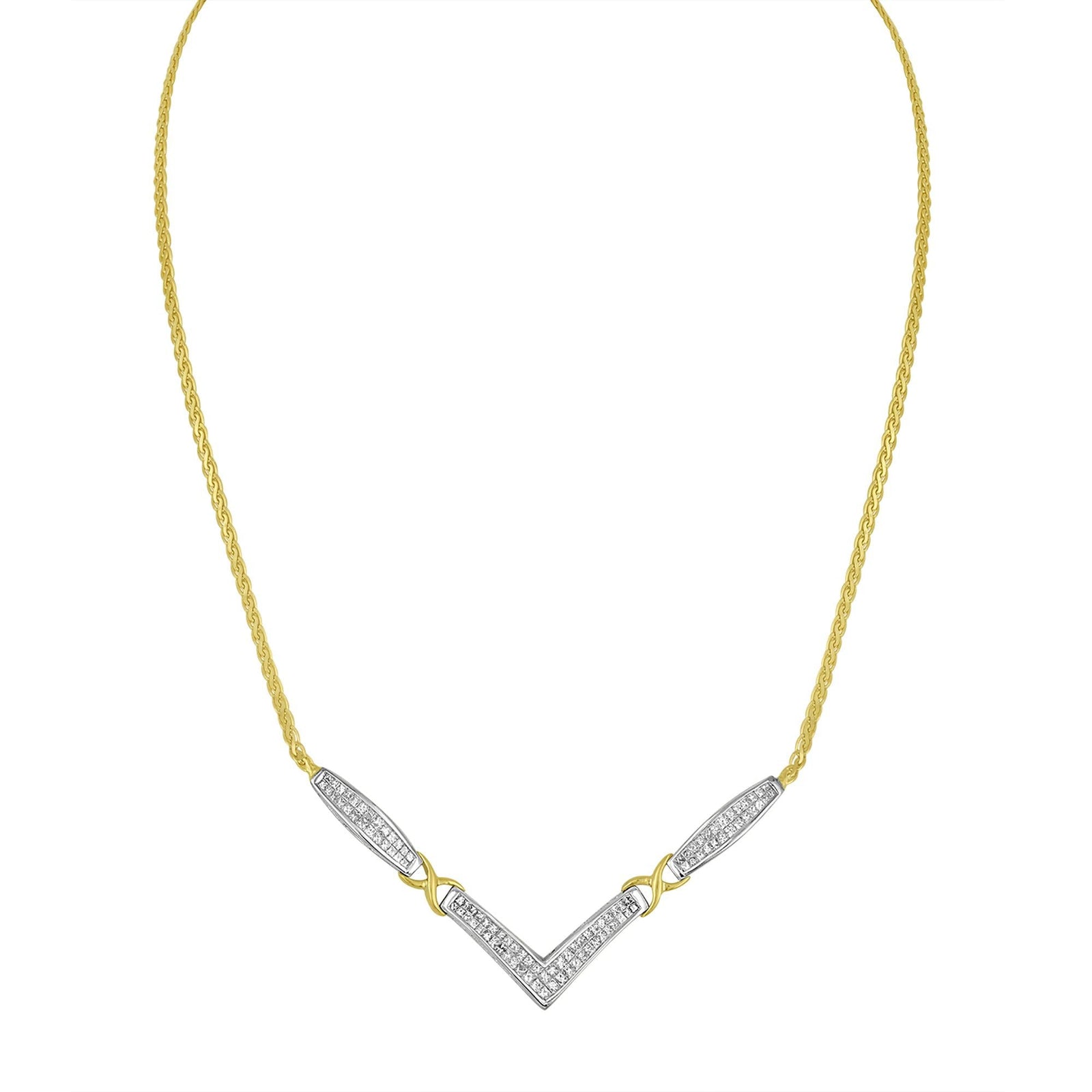 14K Yellow and White Gold 2.0 Cttw Princess Cut Diamond Flared and X-Station V Shaped 18” Franco Chain Statement Necklace (H-I Color, SI2-I1 Clarity)-2