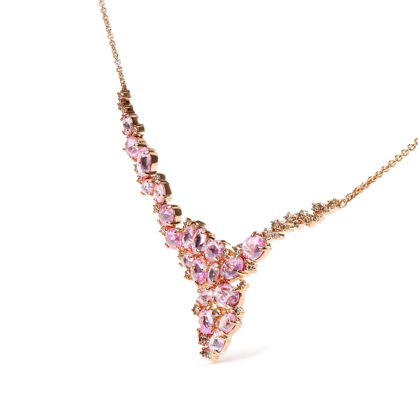 18K Rose Gold 1/2 Cttw Brown Diamond and Multi-Size Oval Pink Sapphire Cluster Cascade Statement Station Necklace (Brown Color, SI1-SI2 Clarity) - Adjustable up to 14" to 16"-2