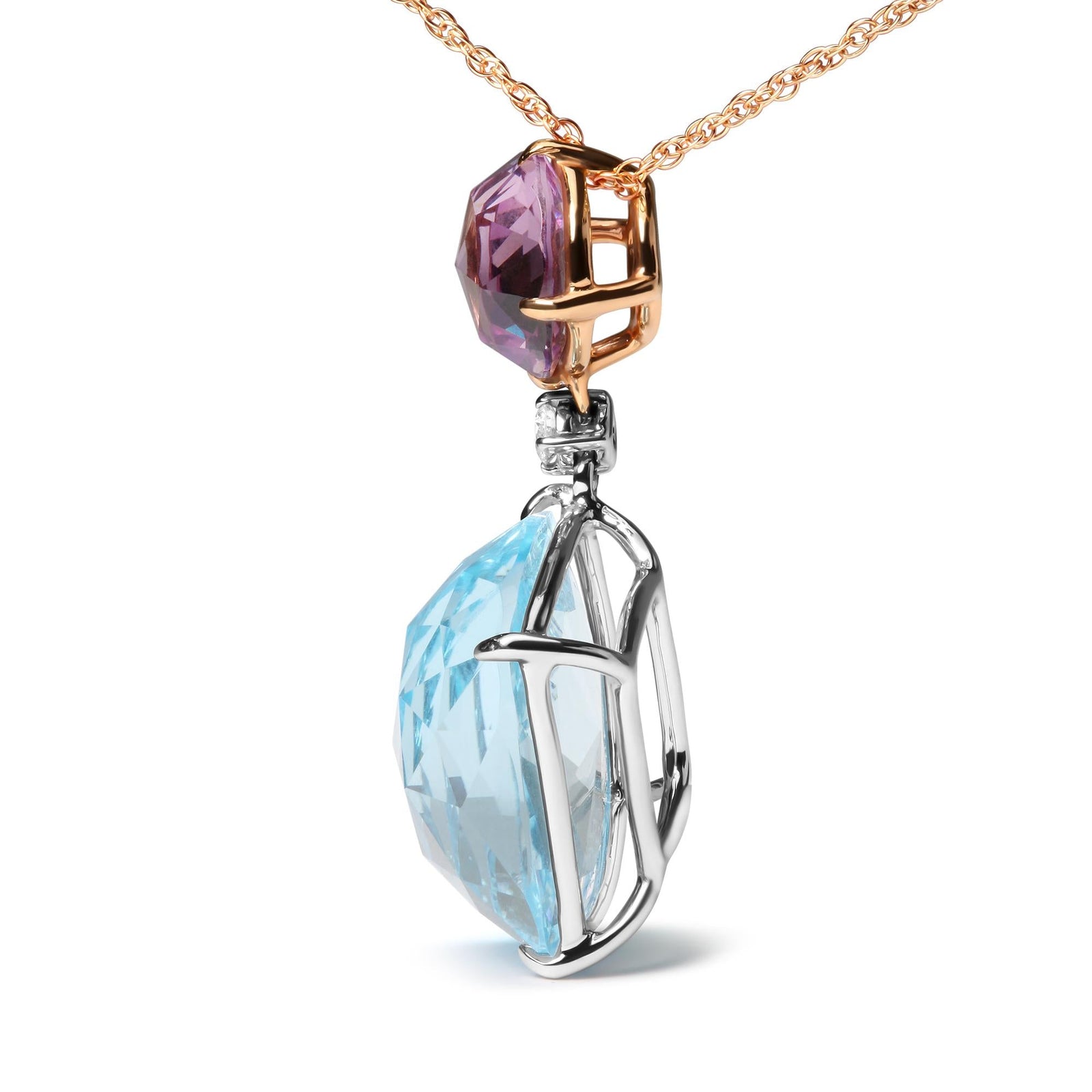 18K White and Rose Gold Round Diamond Accent and Round Rose De France Pink Amethyst and Cushion Cut Sky Blue Topaz Dangle Drop 18" Pendant Necklace (G-H Color, SI1-SI2 Clarity)-2