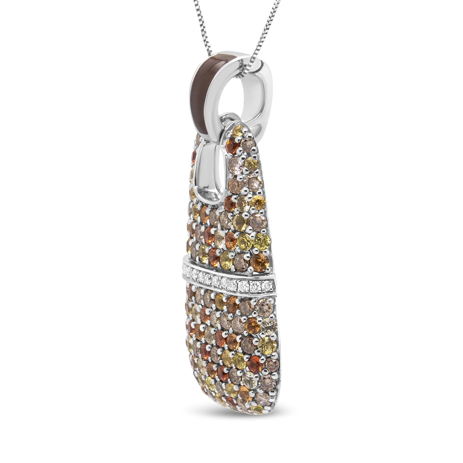 .925 Sterling Silver Brown Enamel 1 Cttw White and Brown Diamonds and  1.5mm Yellow and Orange Sapphire Gemstones Statement 18" Pendant Necklace (Brown and F-G Color, VS1-VS2 Clarity)-2