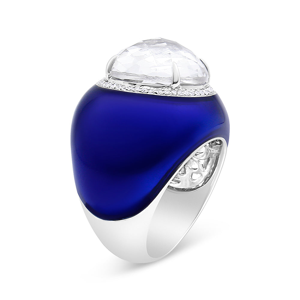 18K White Gold 14mm White Quartz and 1/5 Cttw Diamond Halo with Blue Enamel Dome Ring (F-G Color, VS1-VS2 Clarity)-2