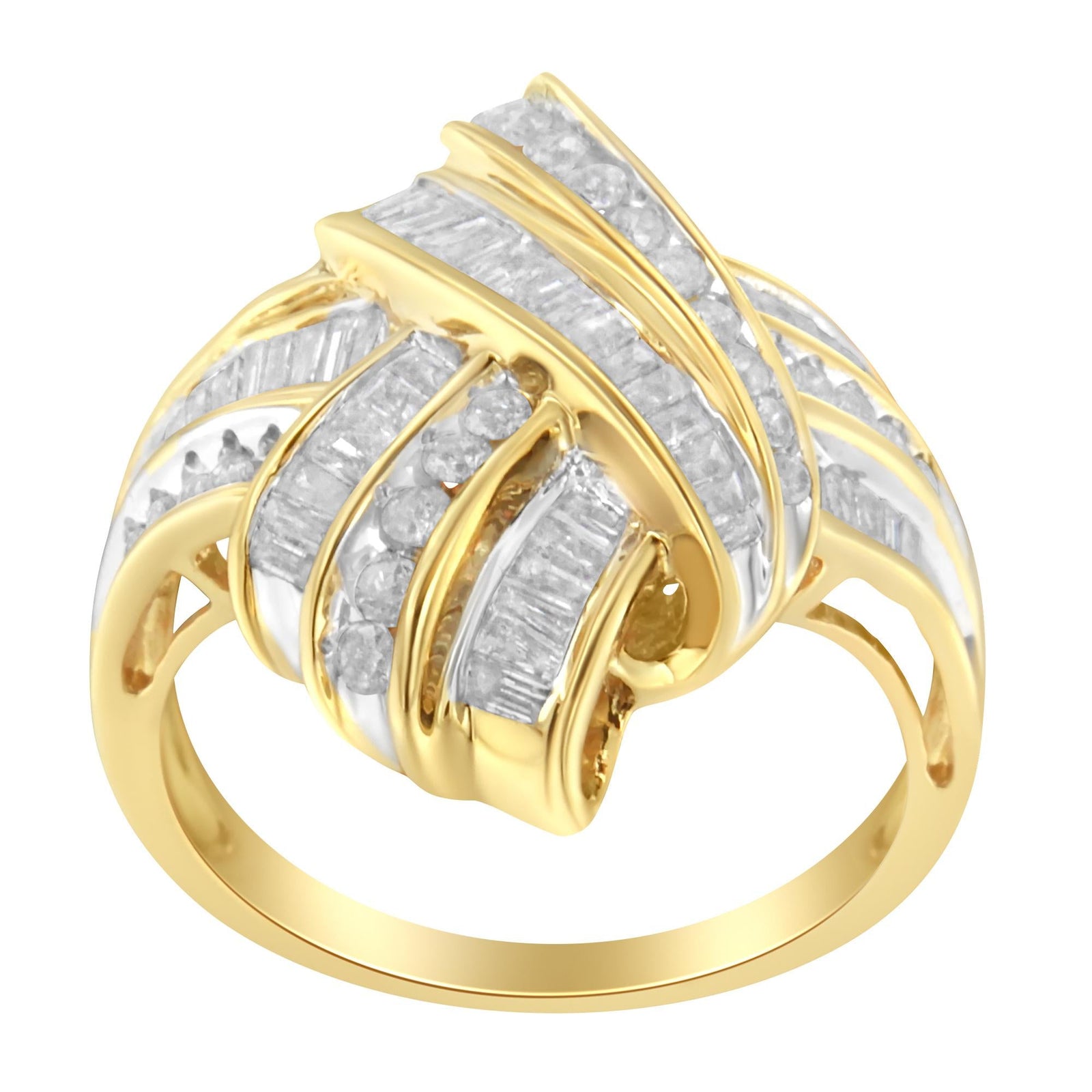 10K Yellow Gold Plated .925 Sterling Silver 1.0 Cttw Round & Baguette Diamond Knot Channel Statement Ring (I-J Color, I2-I3 Clarity)-3