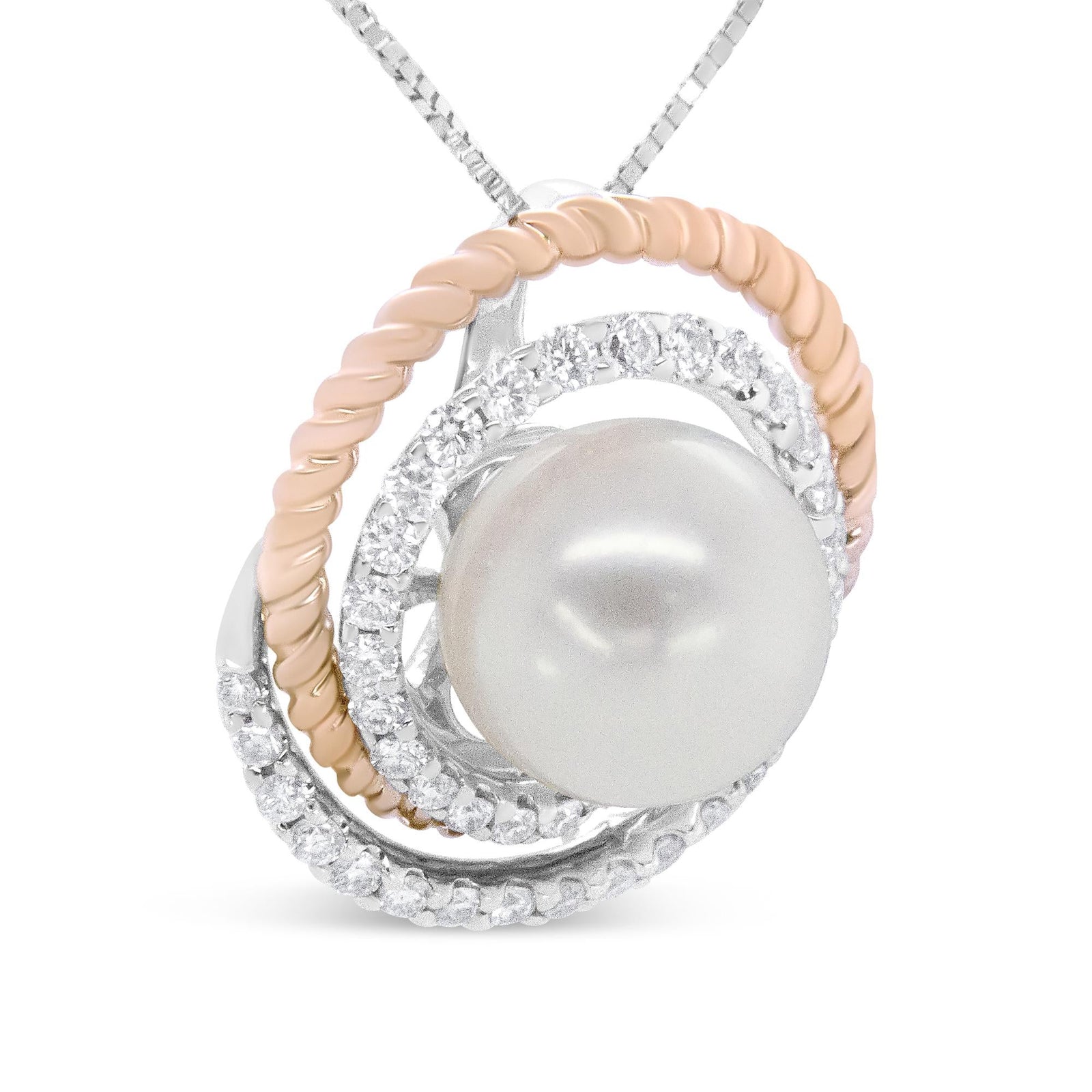 14K Rose and White Gold 3/8 Cttw Pave Diamond and 9mm Round Pearl Spiral Openwork 18" Pendant Necklace- (H-I Color, VS1-VS2 Clarity)-3