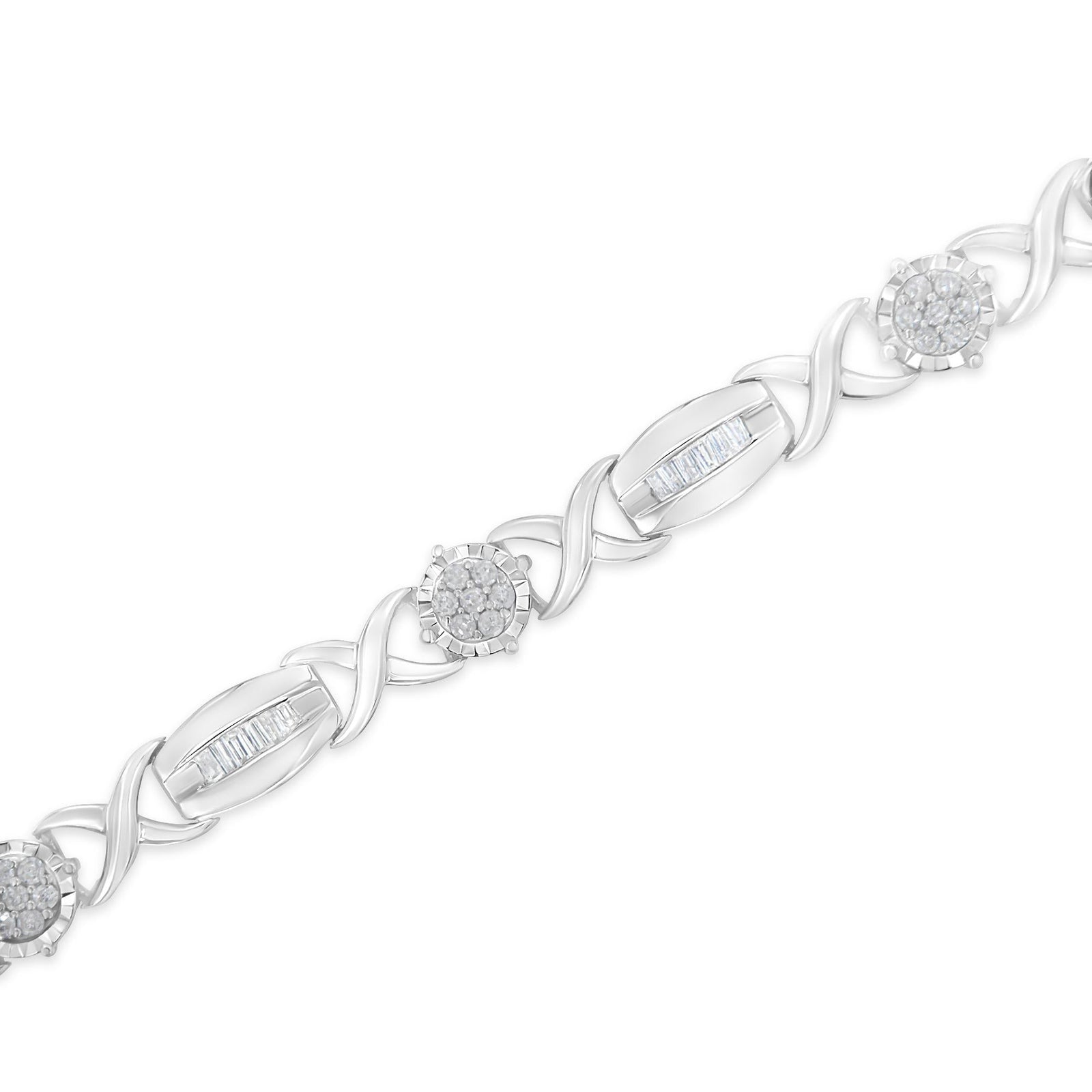 .925 Sterling Silver 1.0 Cttw Round-Cut and Baguette-Cut Diamond X-Link Bracelet (I-J Color, I1-I2 Clarity) - 7"-3