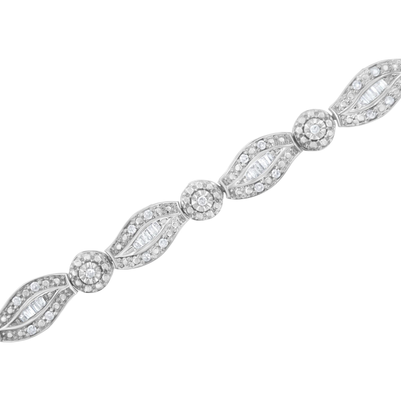 .925 Sterling Silver 1 cttw Diamond Double Leaf and Bezel Link Bracelet (I-J Clarity, I2-I3 Color) - Size 7.25"-3