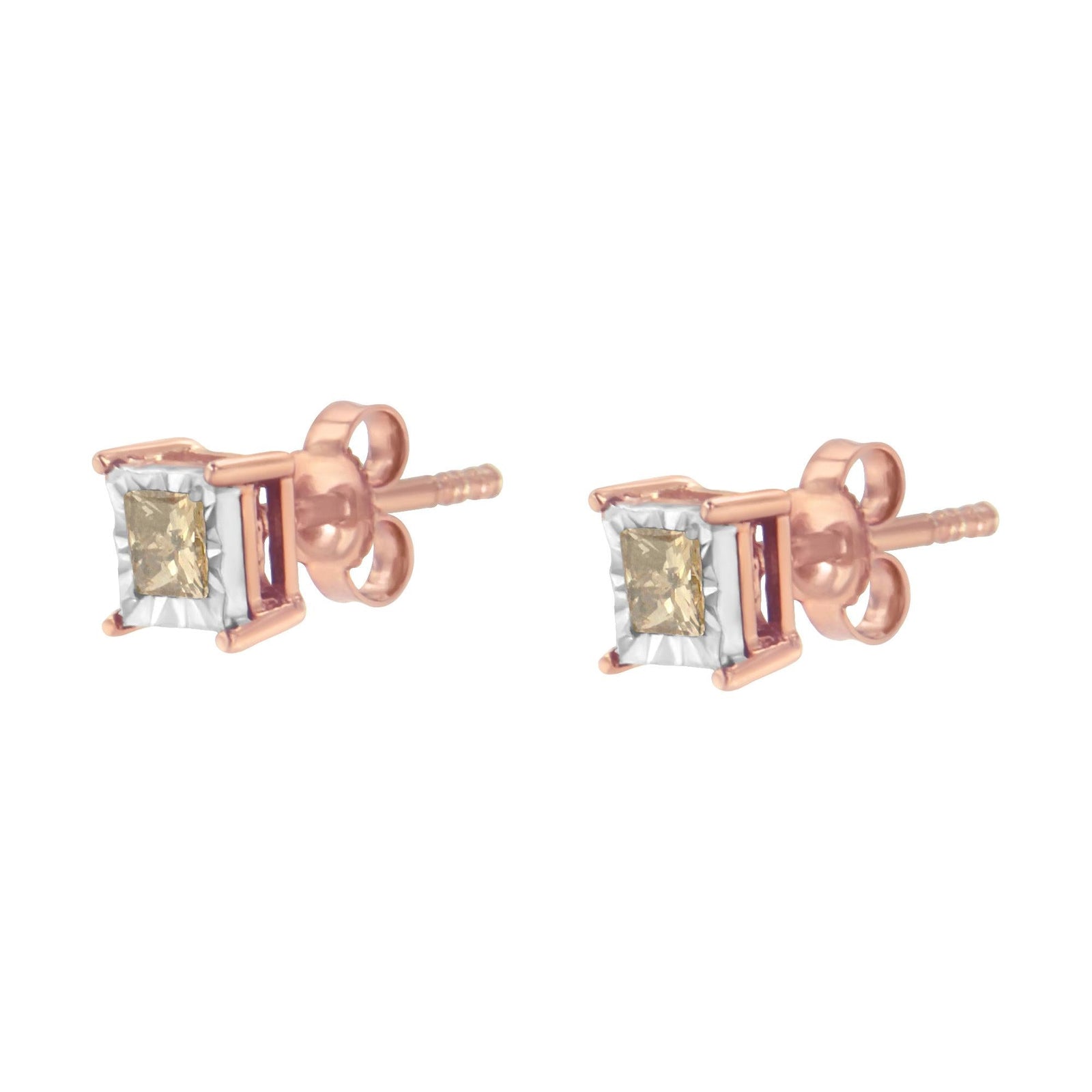 14K Rose Gold Plated Two-Tone .925 Sterling Silver 1/2 Cttw Princess-Cut Square Diamond Solitaire Miracle-Plate Stud Earrings (K-L Color, I2-I3 Clarity)-3