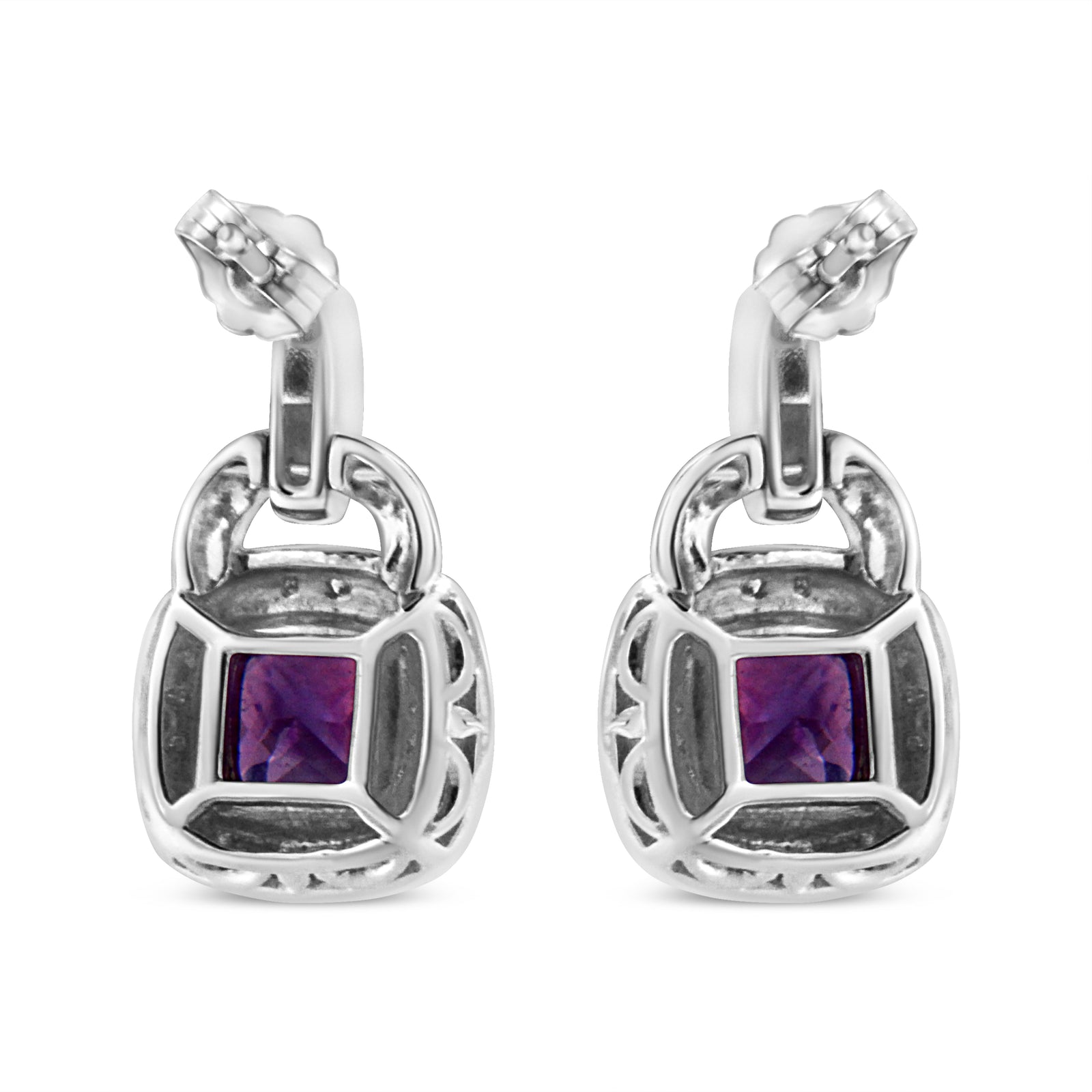 .925 Sterling Silver 8MM Natural Cushion Shaped Amethyst and Diamond Accent Halo with Push Back Dangle Earrings (I-J Color, I2-I3 Clarity)-3