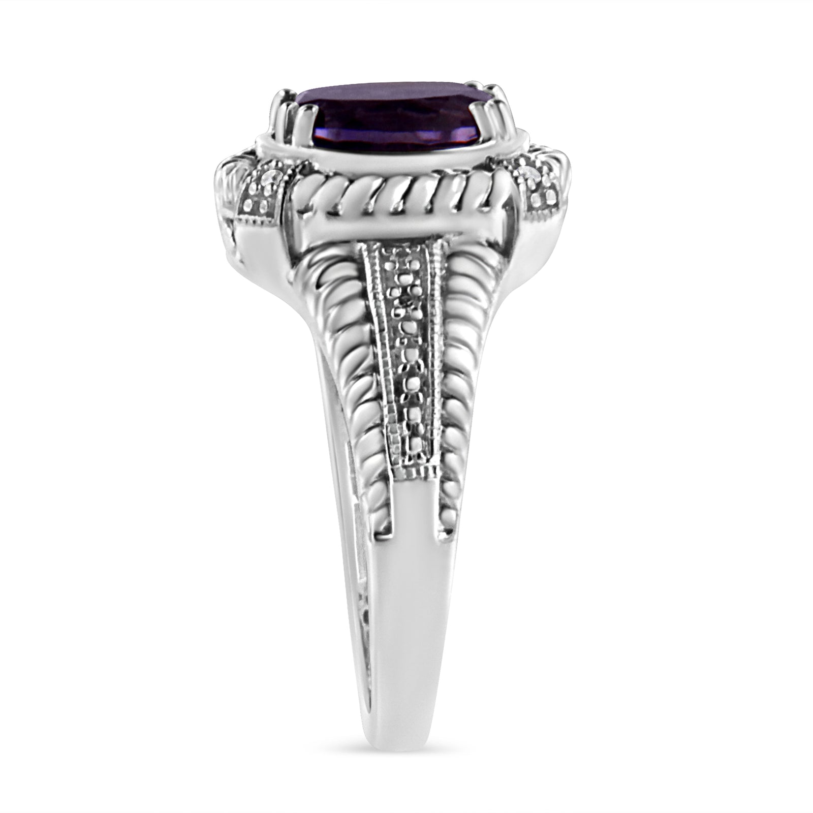 .925 Sterling Silver 9X7 Oval MM Purple Amethyst Solitaire and Diamond Accent Ring-3