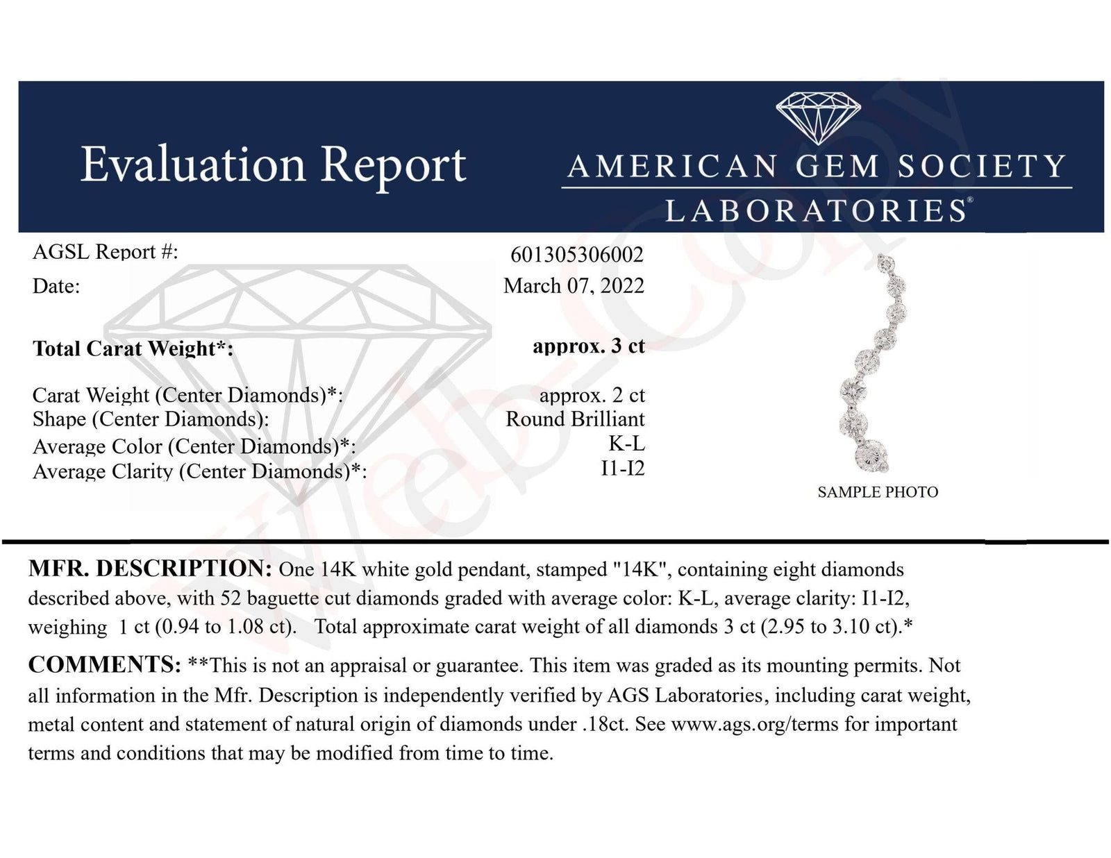 AGS Certified 14k White Gold 3.0 Cttw Baguette and Brilliant Round-Cut Diamond Journey 18" Pendant Necklace (K-L Color, I1-I2 Clarity)-4