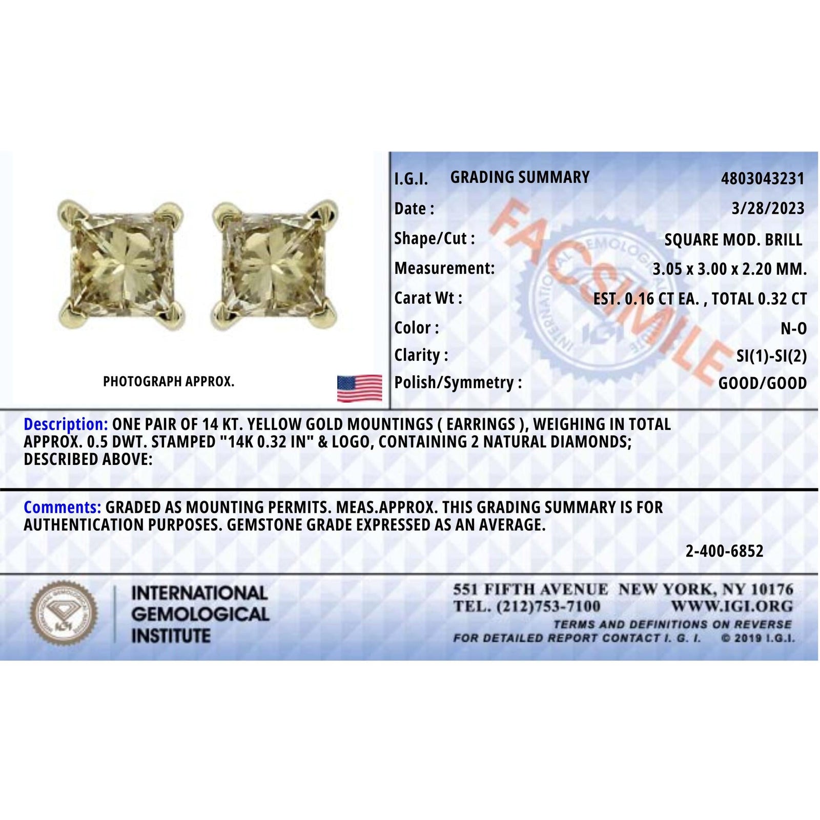 IGI Certified 14k Yellow Gold 1/3 Cttw 4-Prong Set Princess-Cut Solitaire Diamond Push Back Stud Earrings (Q-R Color, I1-I2 Clarity)-4