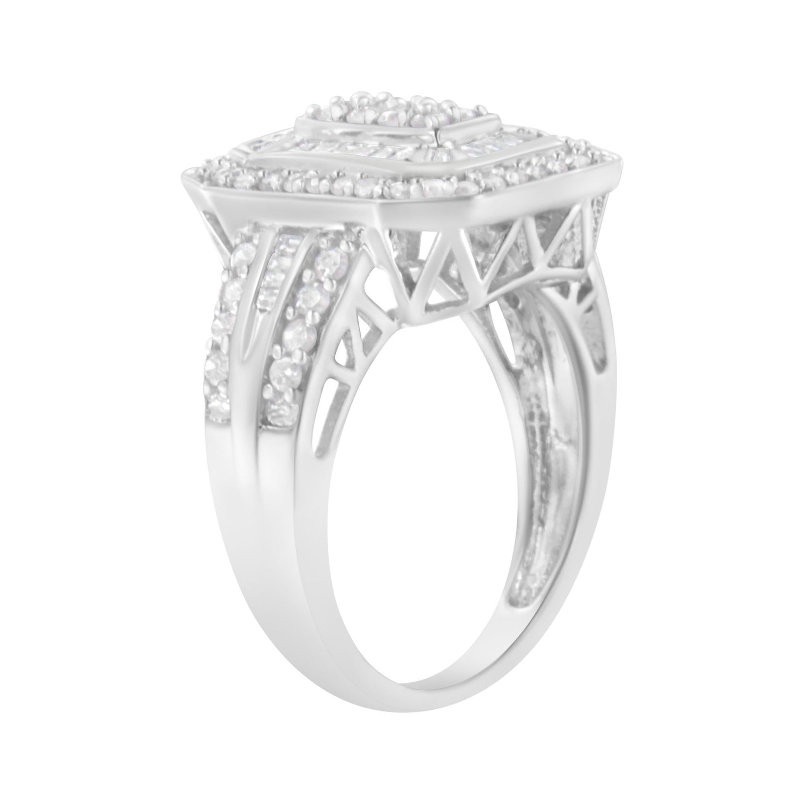 .925 Sterling Silver Round and Baguette Diamond Cathedral Ring (0.75 Cttw, H-I Color, I2-I3 Clarity)-4