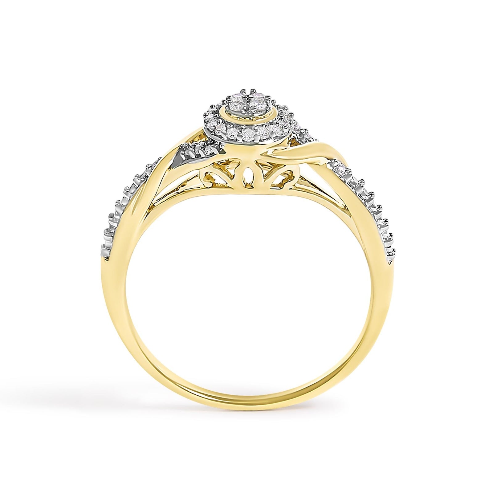 10K Yellow Gold 1/10 Cttw Diamond Swirl and Halo Promise Ring