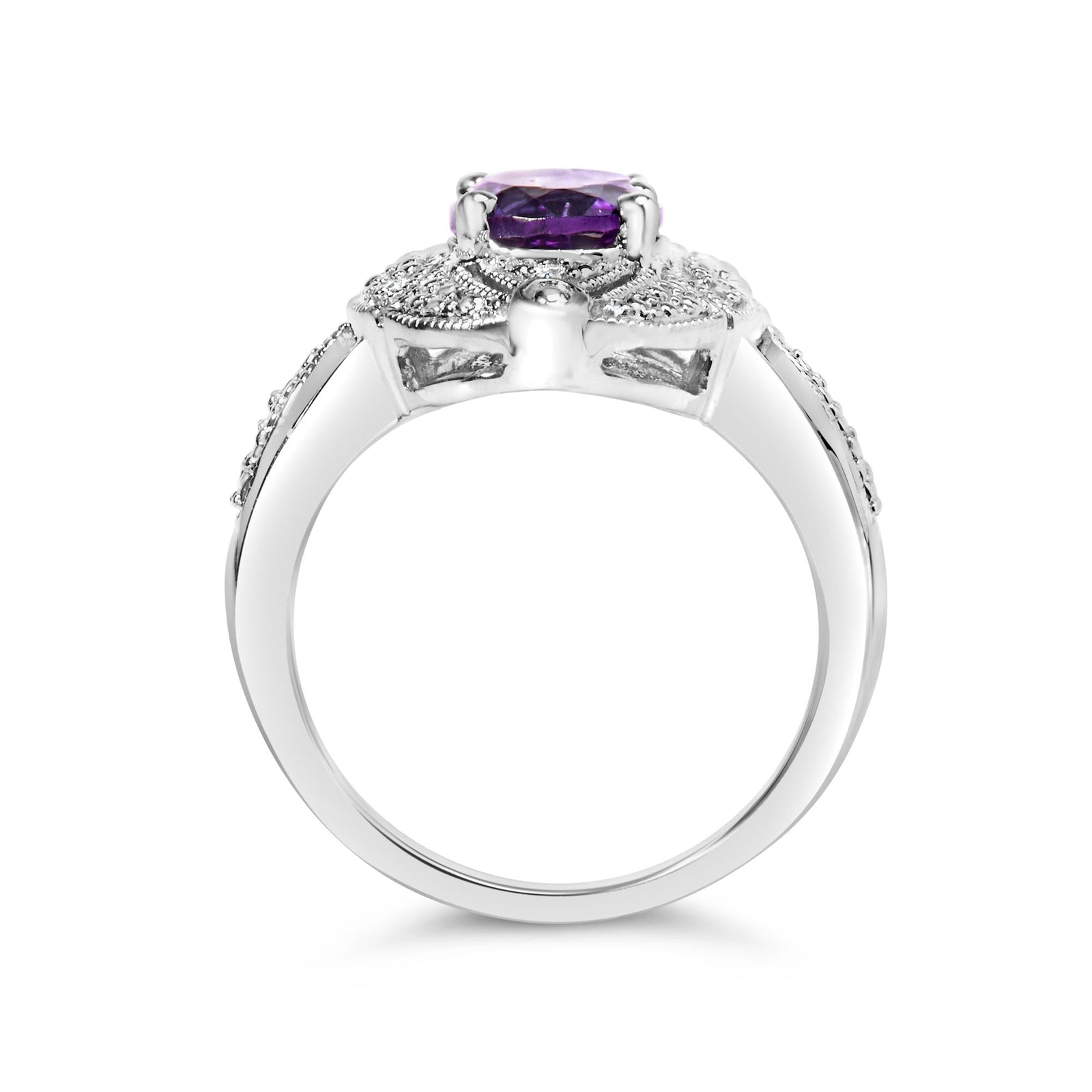 .925 Sterling Silver 9x7mm Oval Purple Amethyst and Round Diamond Accent Fashion Cocktail Ring (I-J Color, I1-I2 Clarity)-4