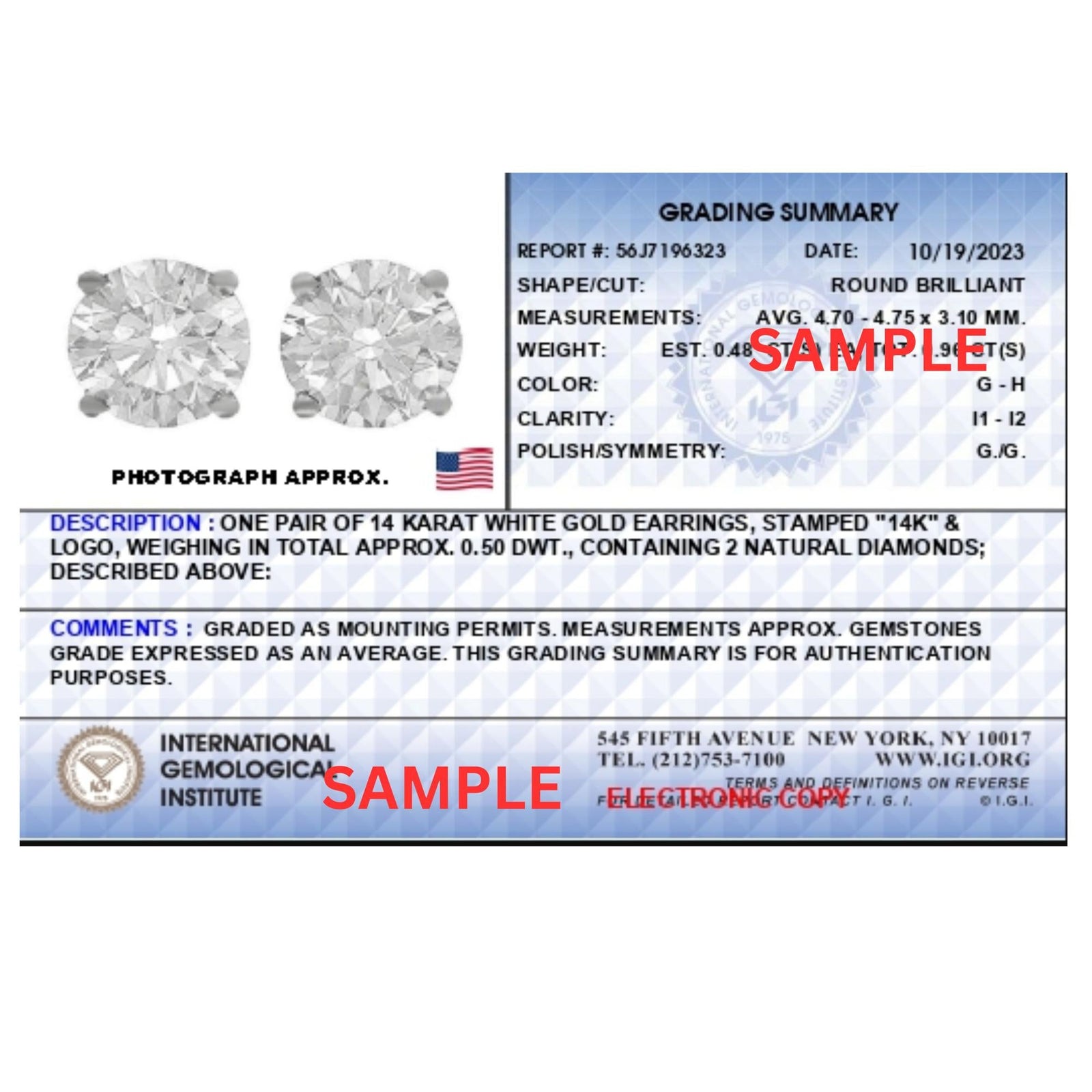 IGI Certified 14K White Gold 1.0 cttw 4-Prong Set Brilliant Round-Cut Solitaire Diamond Push Back Stud Earrings (G-H Color, I1-I2 Clarity)-3