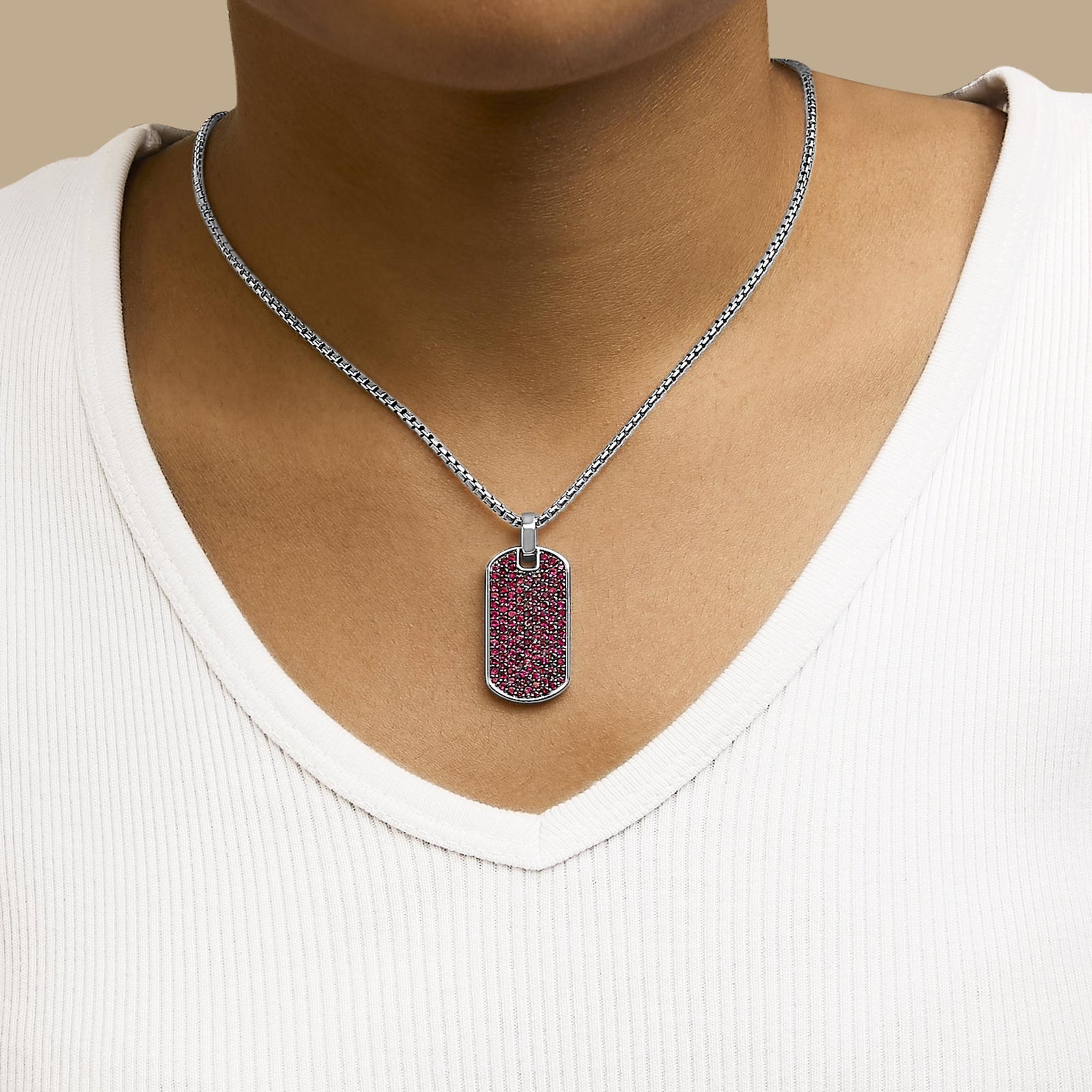 Men's .925 Sterling Silver Created Red Ruby Dog Tag Pendant Necklace - 22" Inches-3