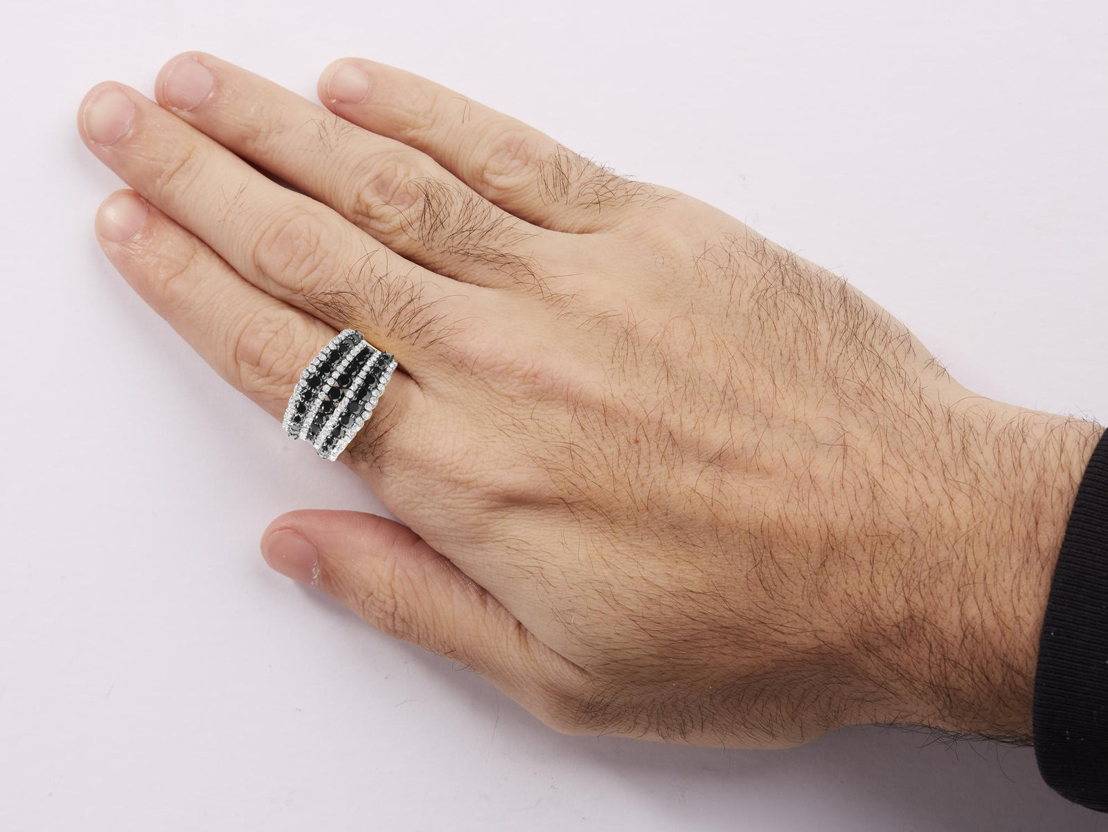 14K Yellow Gold Plated .925 Sterling Silver 1 3/4 Cttw Treated Black and White Alternating Diamond Multi Row Band Ring (Black / I-J Color, I2-I3 Clarity)-4