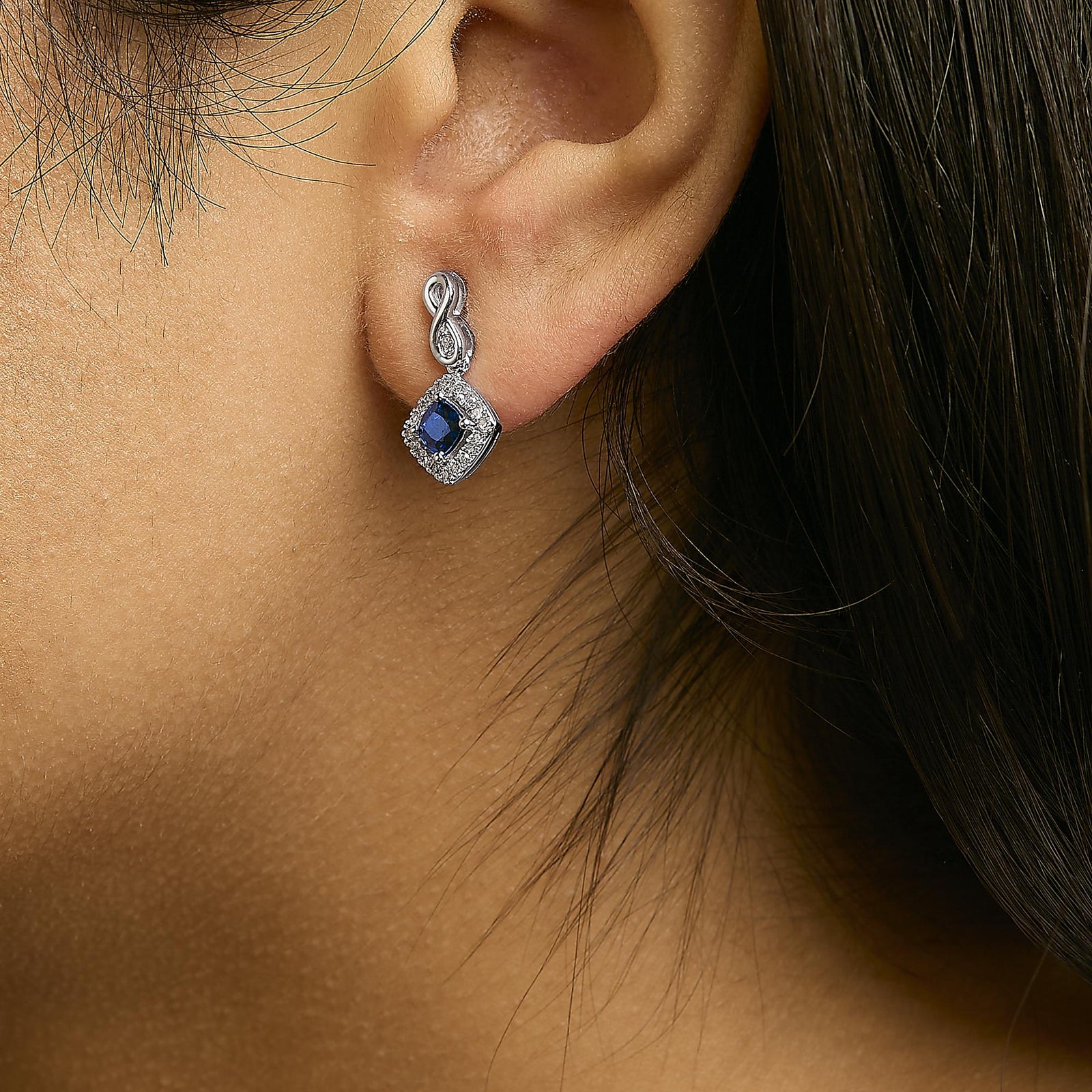 10K White Gold Blue  Sapphire and Diamond Halo Cushion Shaped Drop Earrings (I-J Color, I1-I2 Clarity)-3
