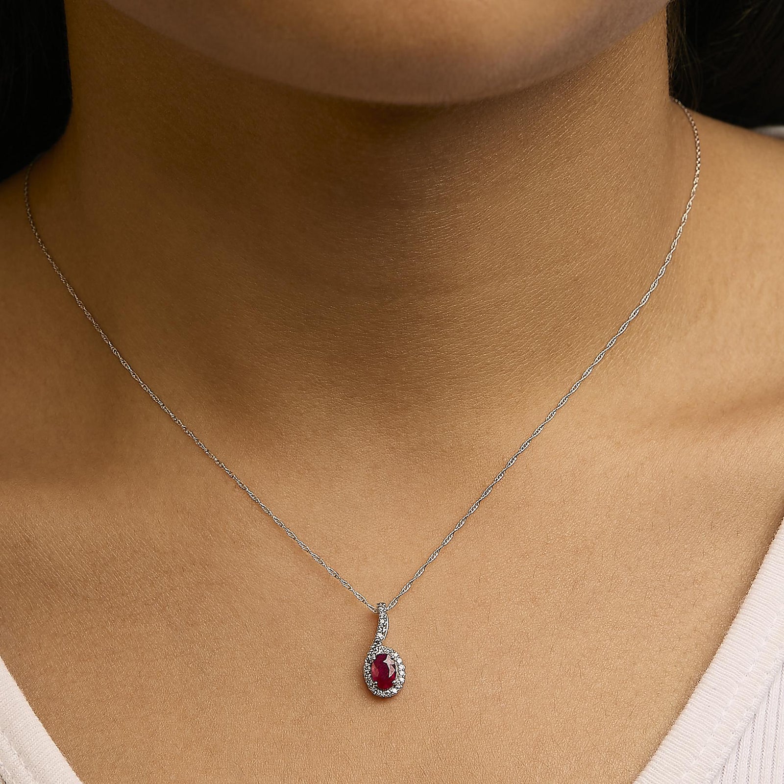 10K White Gold Red Ruby and Diamond Accent Teardrop Pendant Necklace - 18" Inches-3