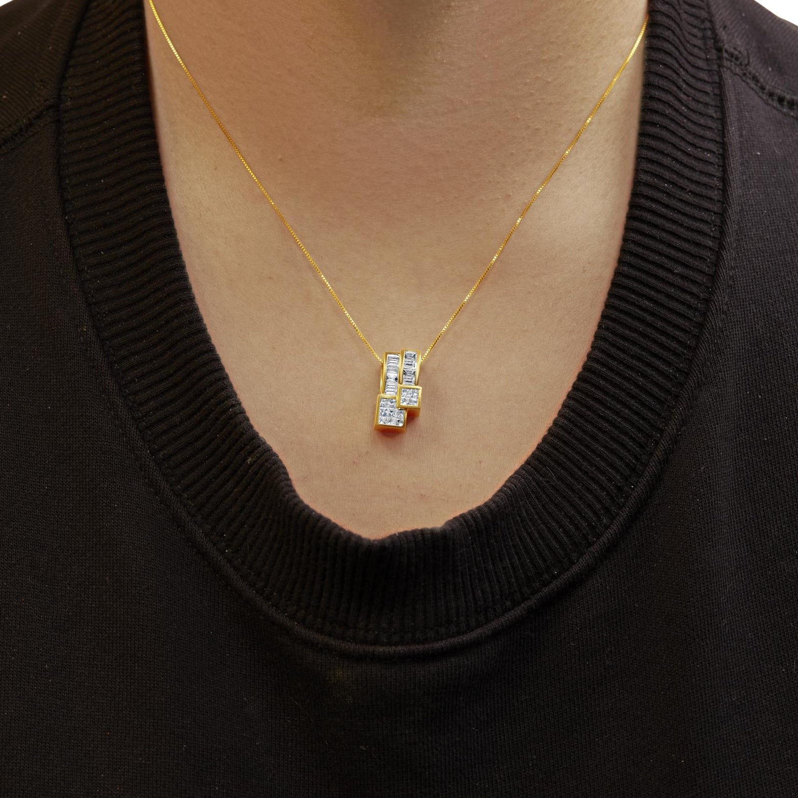 14K Yellow Gold 1 1/2 cttw Princess and Baguette Cut Diamond Geometric Pendant Necklace (H-I Color, VS1-VS2 Clarity)-3