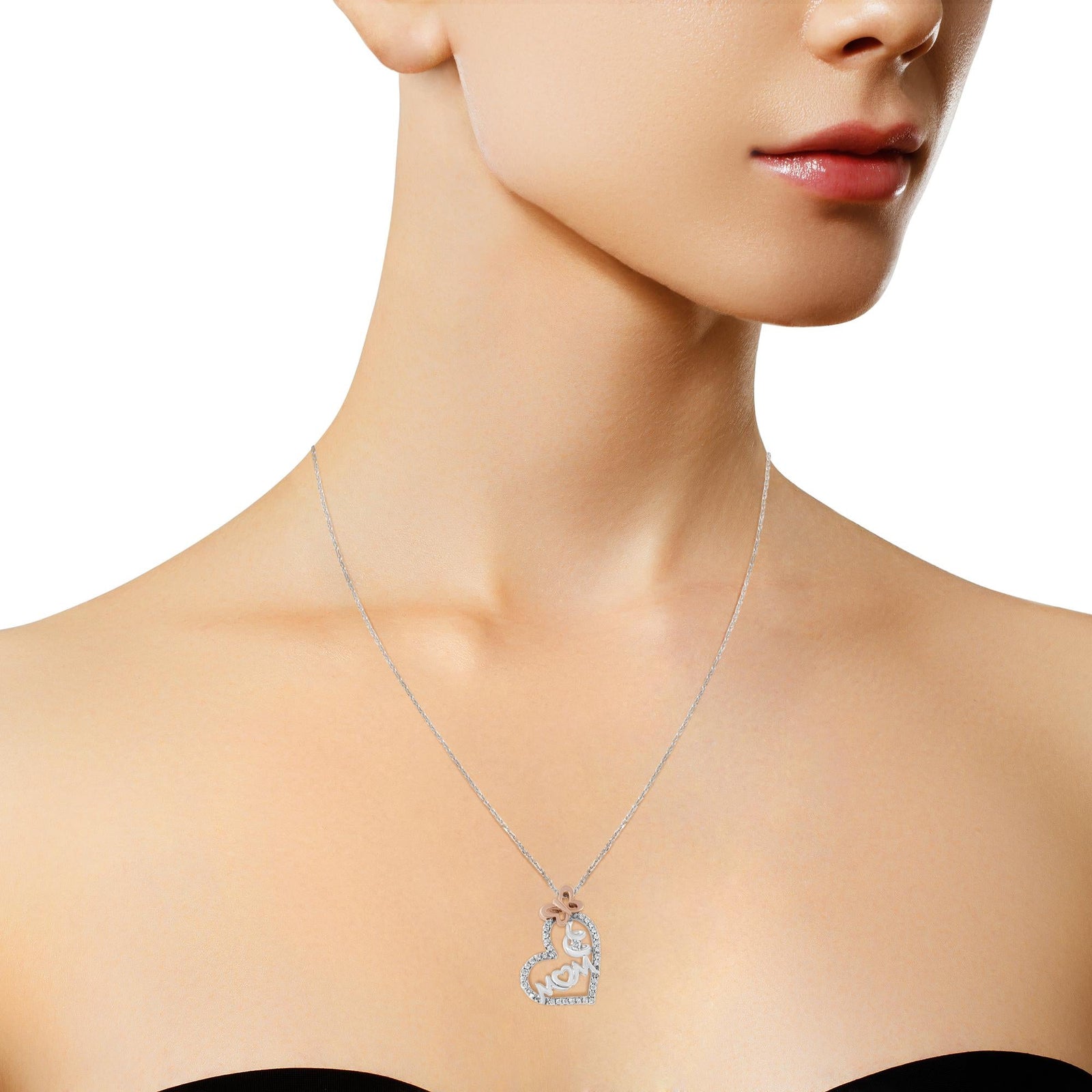 Two Tone .925 Sterling Silver 1/5 cttw Diamond "Mom" and Heart Pendant Necklace (H-I, I1-I2)-3