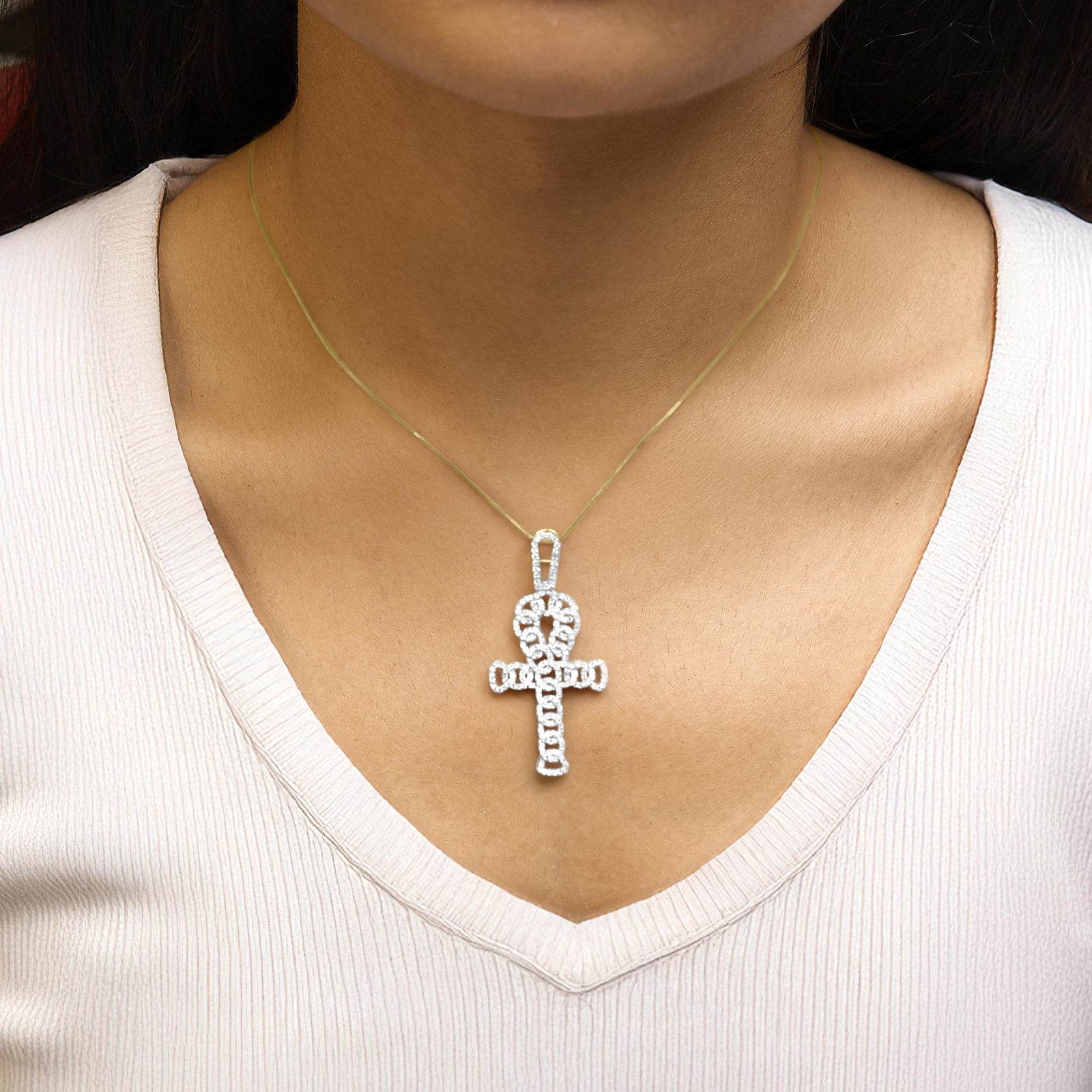 10K Yellow Gold 1.00 Cttw Ankh Cross Pendant (H-I Color, SI1-SI2 Clarity) -18" Inches-3