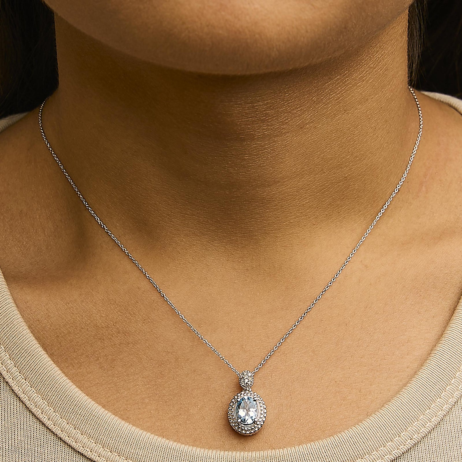 .925 Sterling Silver Oval Blue Topaz and Diamond Accent with Beaded Halo Pendant Necklace - 18" Inches-3