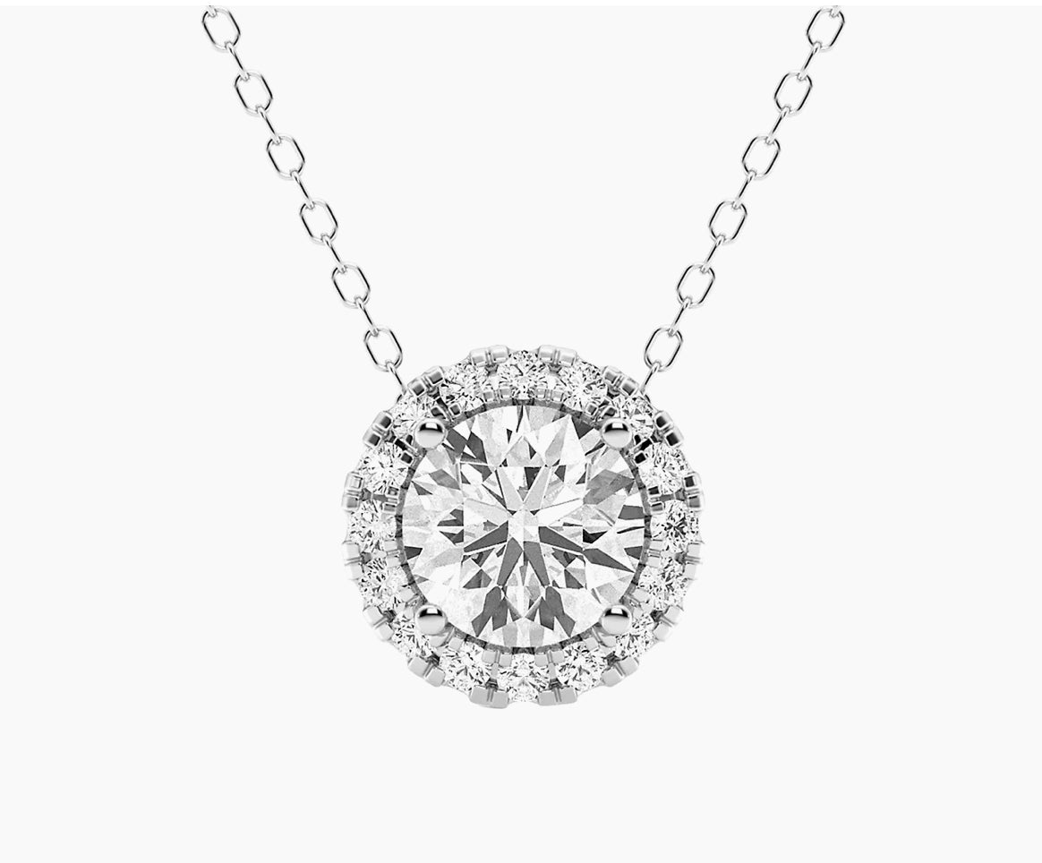 AGI Certified Lab-Grown Diamond Halo Pendant Necklace in 14kt White Gold – 1 CTW or 2 CTW-0