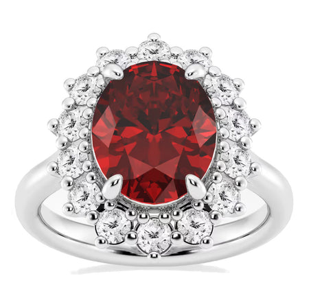 AGI Certified 3CTW Oval Lab Ruby Princess Diana Ring With Lab Diamond Halo in Choice of 14K White or Yellow Gold - 9x7mm-0